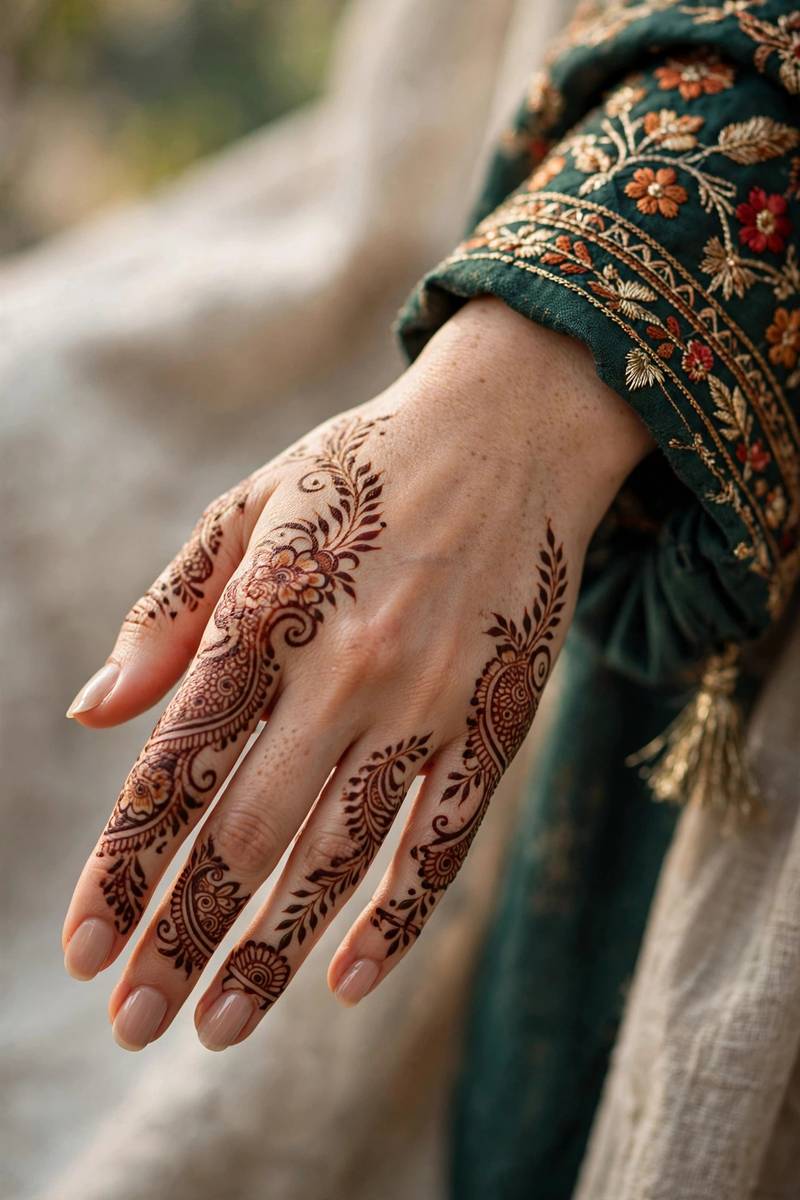 Tasteful medium-coverage wedding guest henna with festive outfit