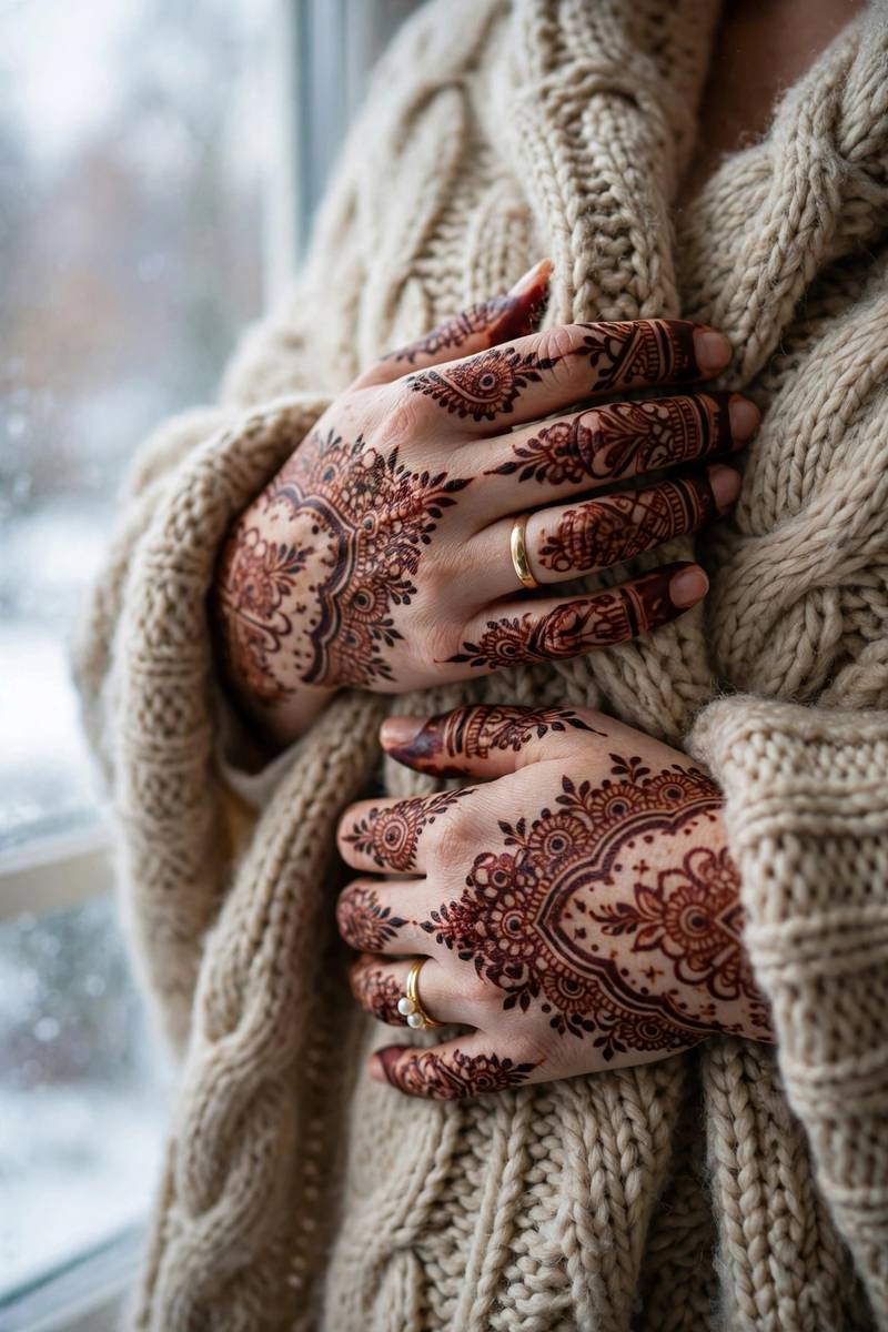 Bridal henna hands wrapped in warm shawl at winter wedding