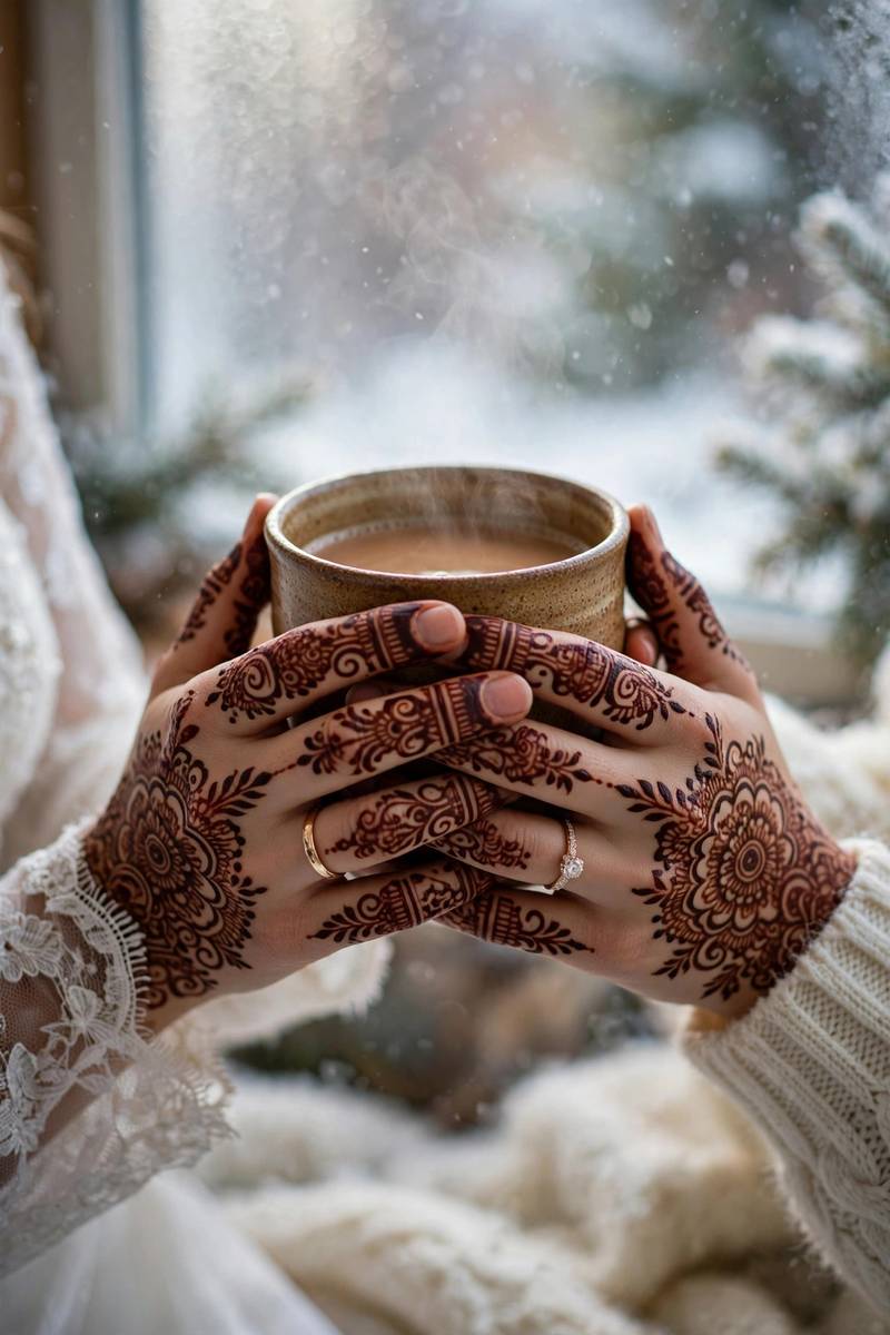 Bride's henna hands holding a warm cup at winter wedding
