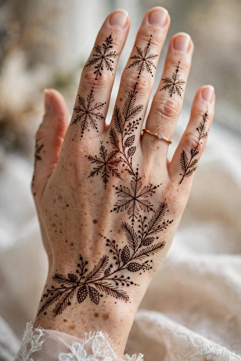 Elegant bridal henna with winter floral motifs
